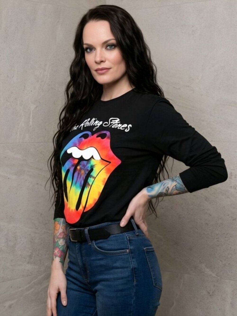 Fashion Nova Rolling Stones Tie Dye Graphic Long Sleeve Boyfriend Tee Top Sz S